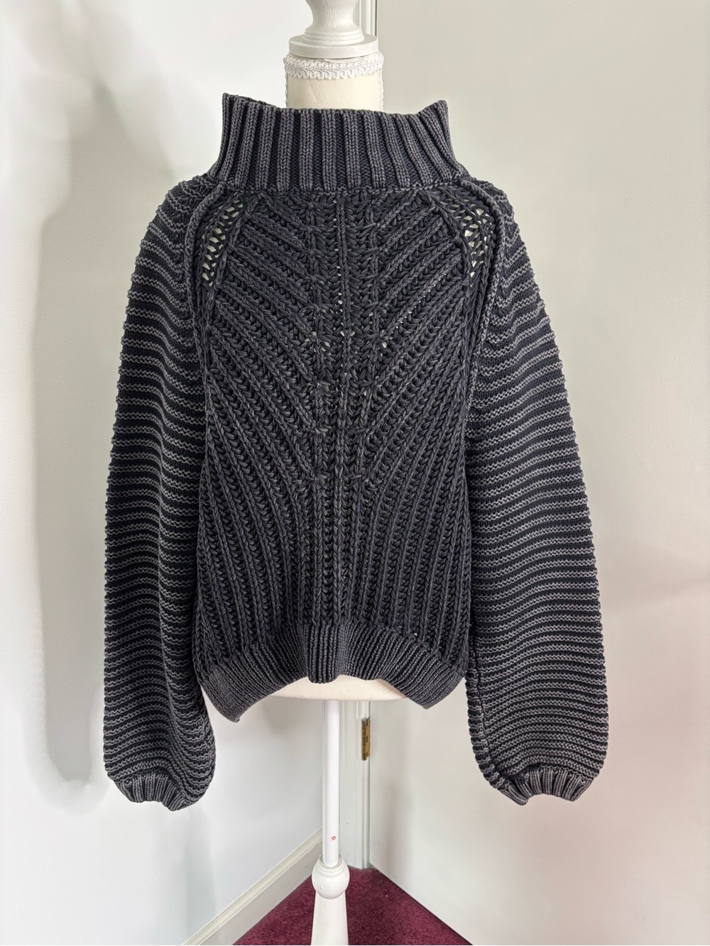 Free People Charcoal Ribbed Cable Turtleneck Sweater